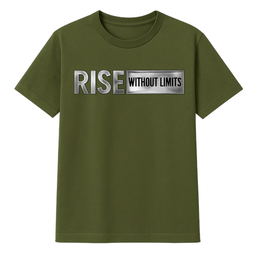 Army Green Steel Rise Tee featuring metallic silver Rise Without Limits typography across the front.