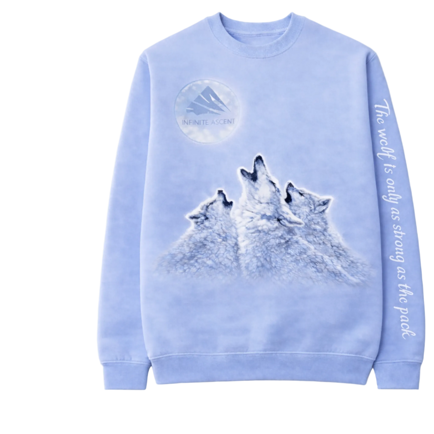 Light blue sweatshirt with wolf design and text on a white background