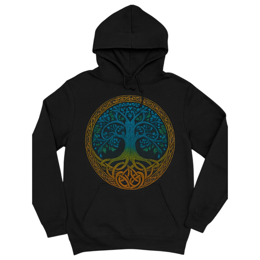 Black Tree of Life Hoodie featuring a large blue and gold Celtic-inspired Tree of Life graphic on the front.
