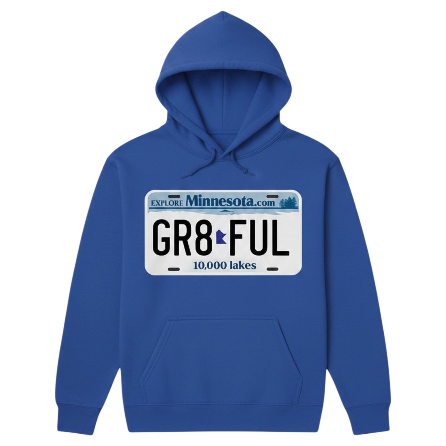 Blue hoodie with a Minnesota license plate design on a white background