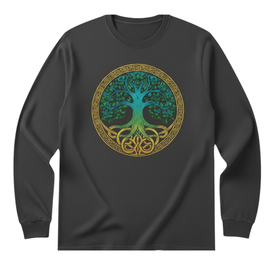Gray Tree of Life Long Sleeve Tee featuring a blue and gold Celtic-inspired Tree of Life graphic on the front.