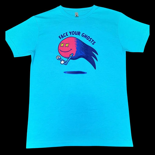 Face Your Ghosts Tee turquoise graphic t-shirt with ghost illustration