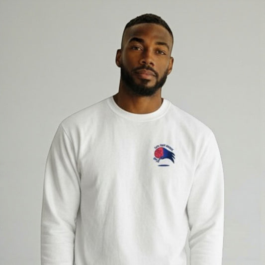 Man wearing a white long-sleeve shirt with a logo on a gray background