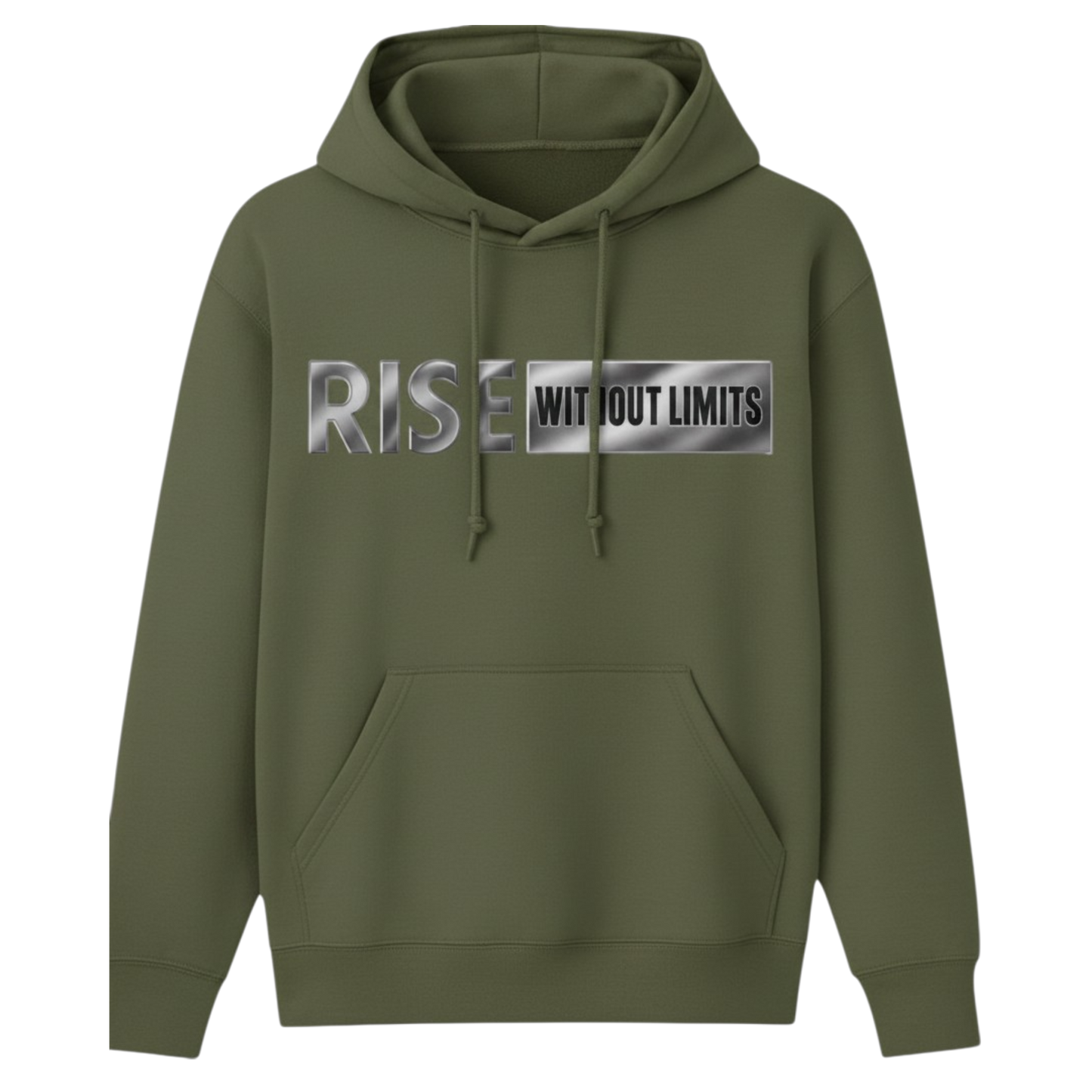Army Green Steel Rise Hoodie featuring metallic silver Rise Without Limits typography across the front.