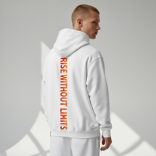 White Infinite Ascent Inferno hoodie featuring a vertical Rise Without Limits graphic on the back.