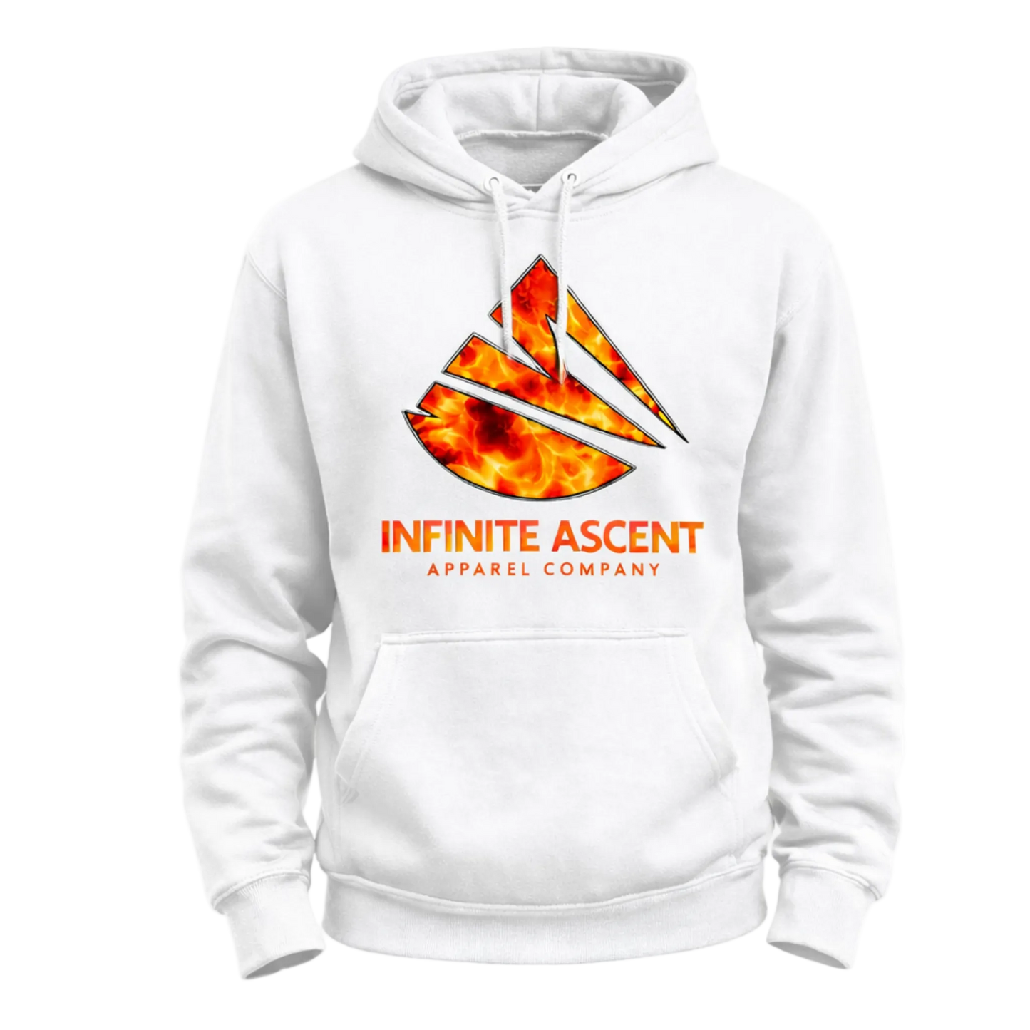 White Infinite Ascent Inferno hoodie featuring a fiery molten logo on the front