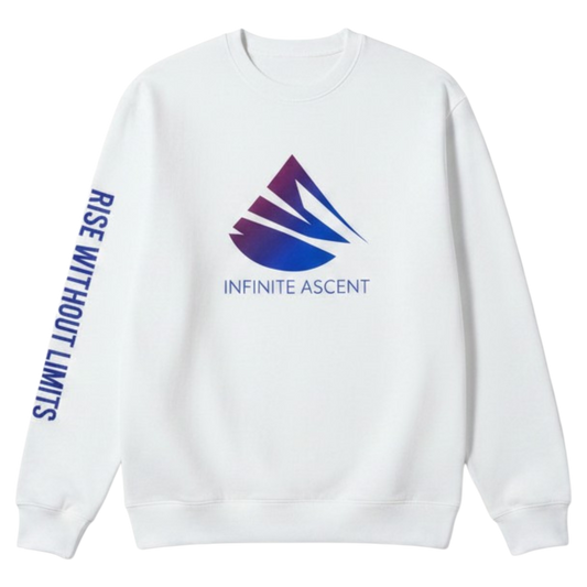 White sweatshirt with 'Infinite Ascent' logo and text on a white background