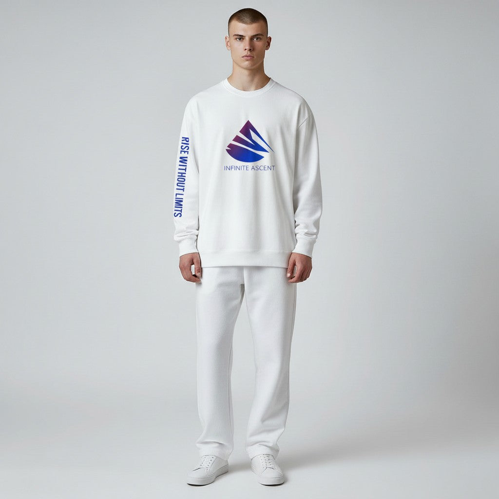 White Polar Ascent Crewneck sweatshirt by Infinite Ascent featuring blue and violet gradient logo graphics with Rise Without Limits sleeve text.
