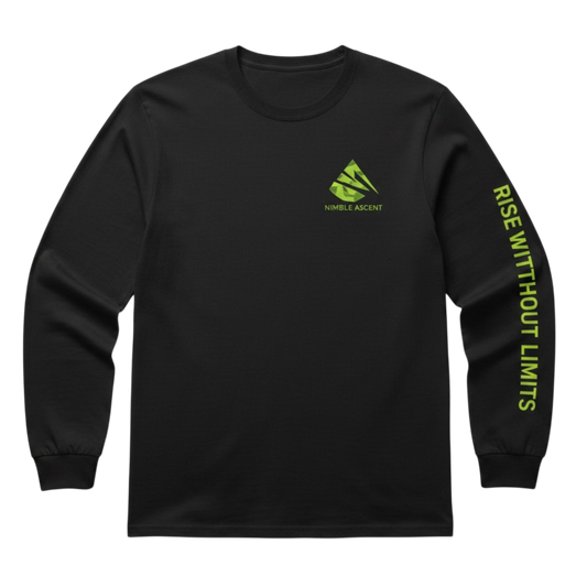 Black long-sleeve shirt with green logo and text on a white background