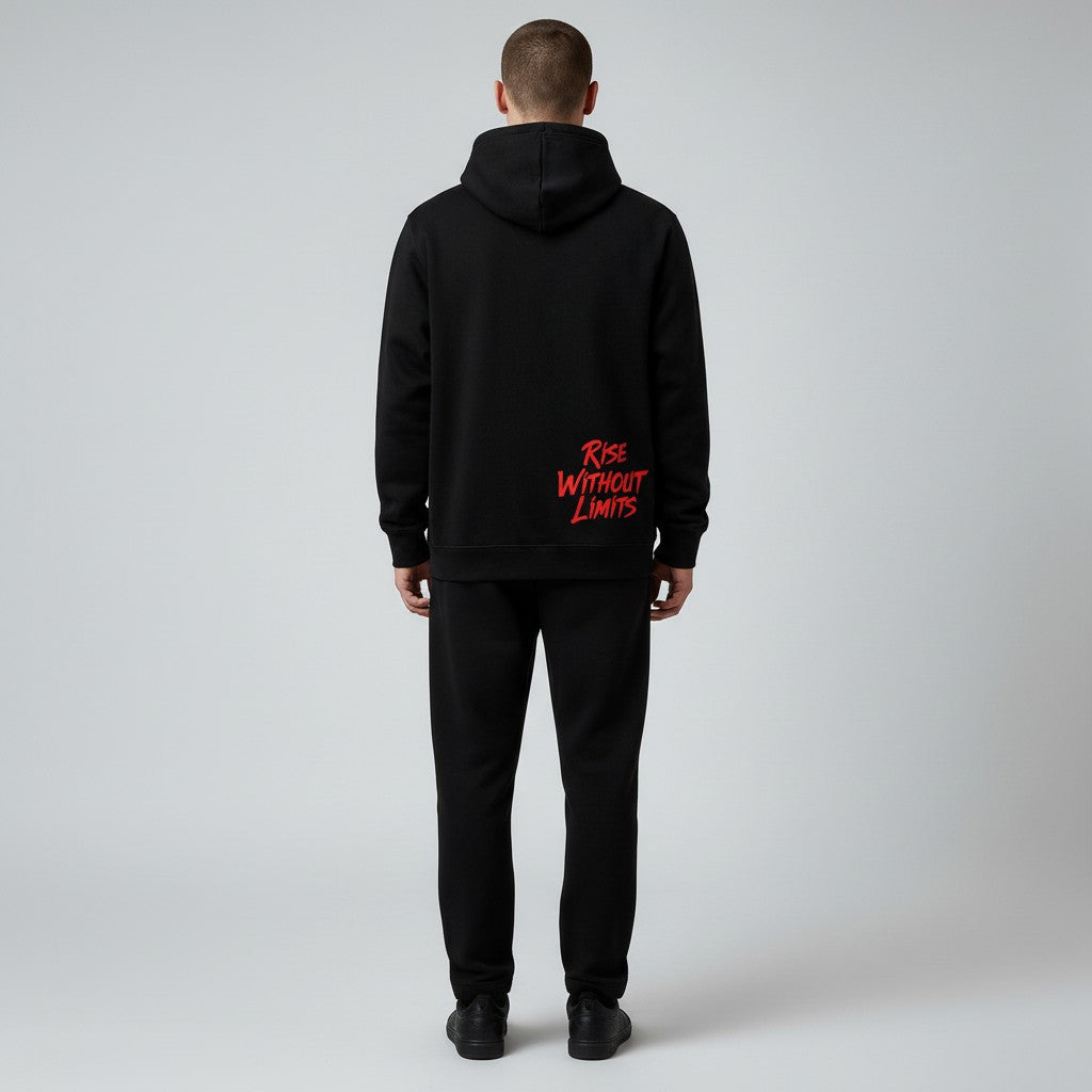 Black Shogun Hoodie by Infinite Ascent featuring a large samurai warrior graphic on the front and Rise Without Limits text on the back.