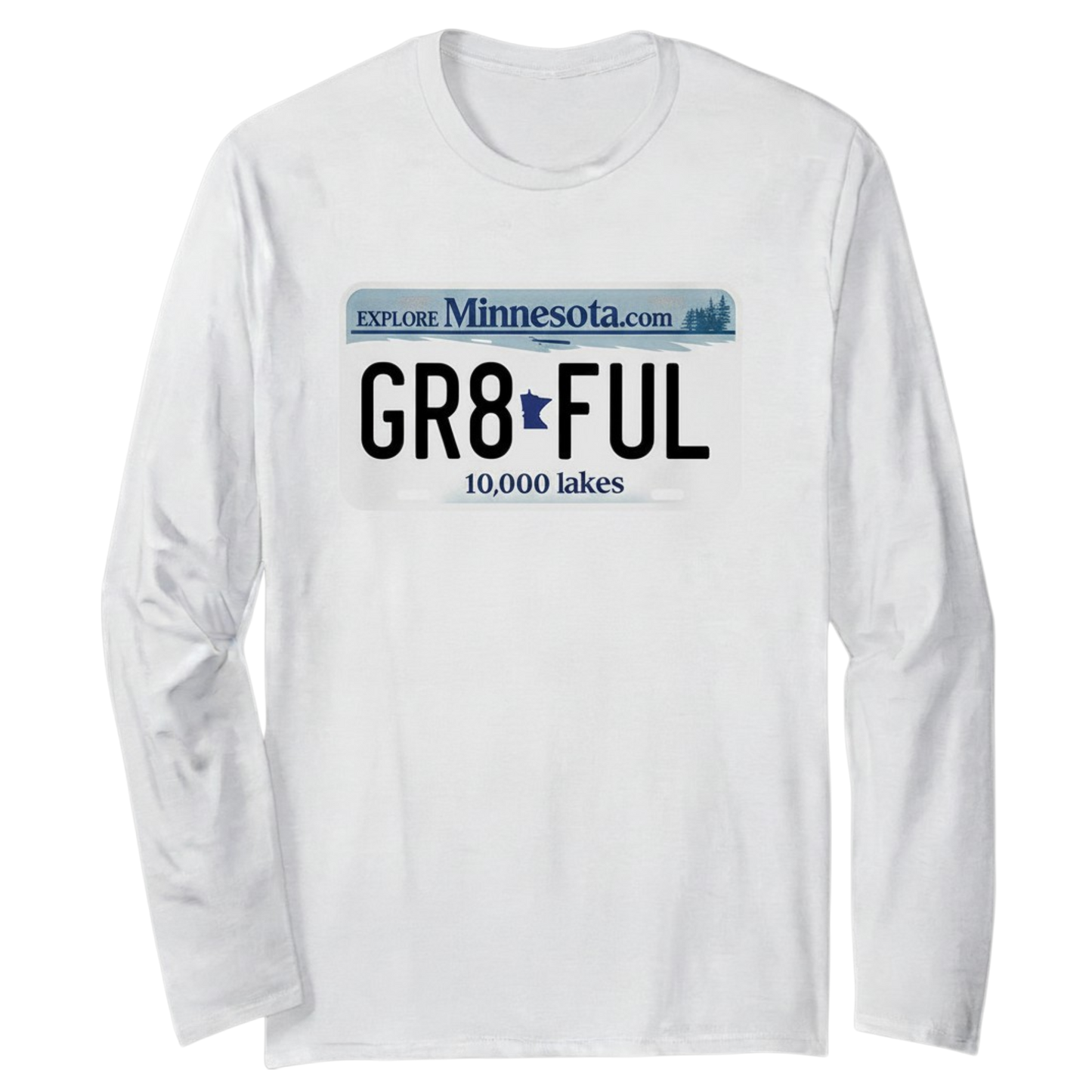 White Minnesota Gr8ful Long Sleeve Tee featuring a vintage-inspired Minnesota license plate graphic with the word GR8FUL on the front.