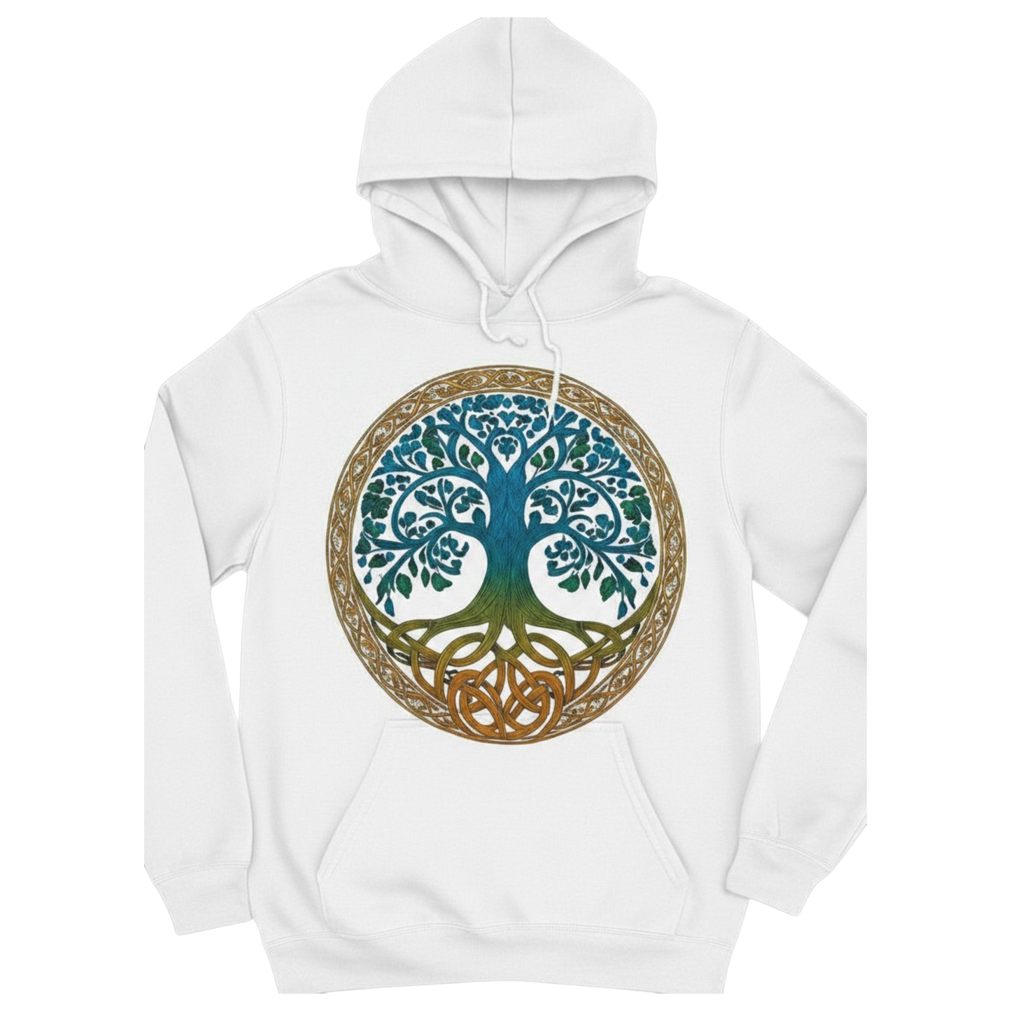 White Tree of Life Hoodie featuring a large blue and gold Celtic-inspired Tree of Life graphic on the front.