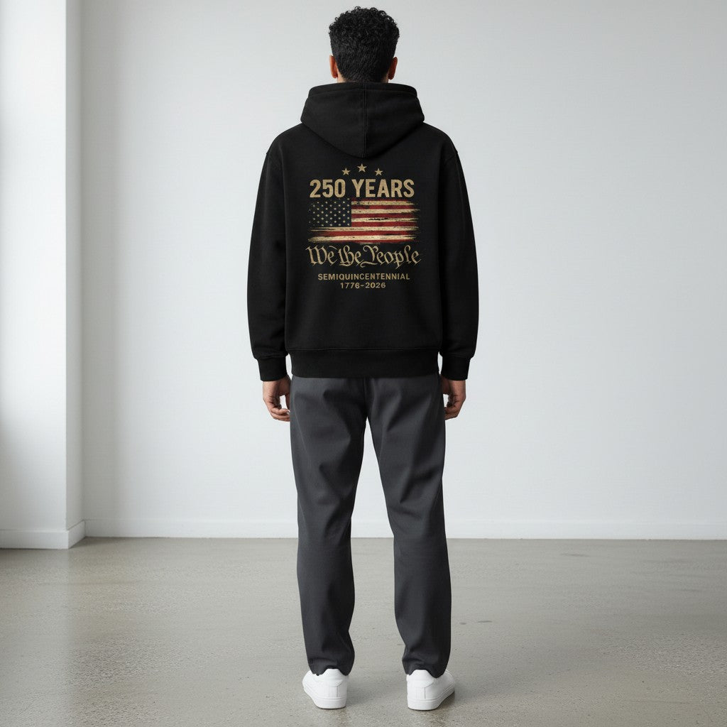 Black 1776 Heritage Hoodie by Infinite Ascent featuring  250 Years commemorative back graphic.