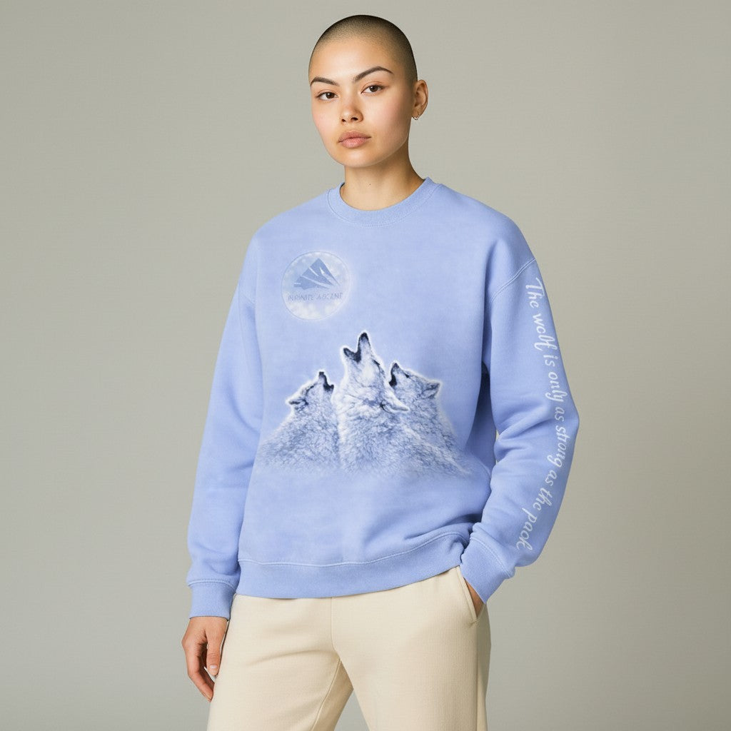 Person wearing a light blue sweater with wolf graphics on a gray background