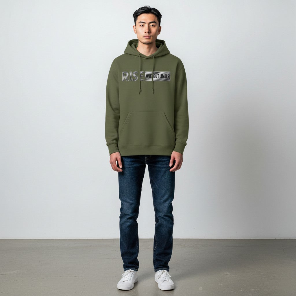 Person wearing a green hoodie with text, blue jeans, and white sneakers on a plain background
