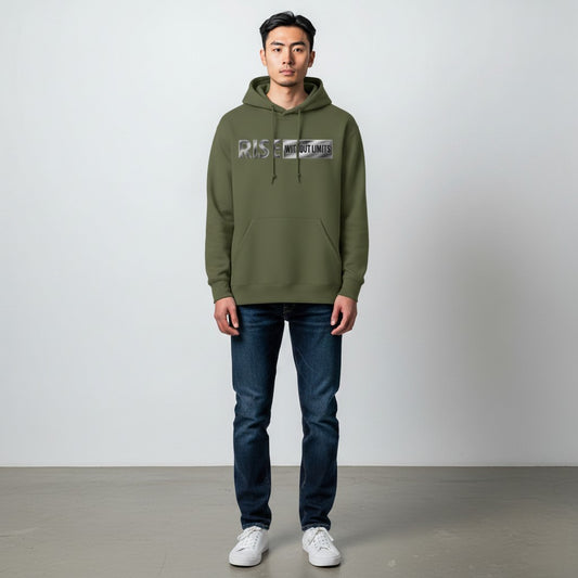 Person wearing a green hoodie with text, blue jeans, and white sneakers on a plain background