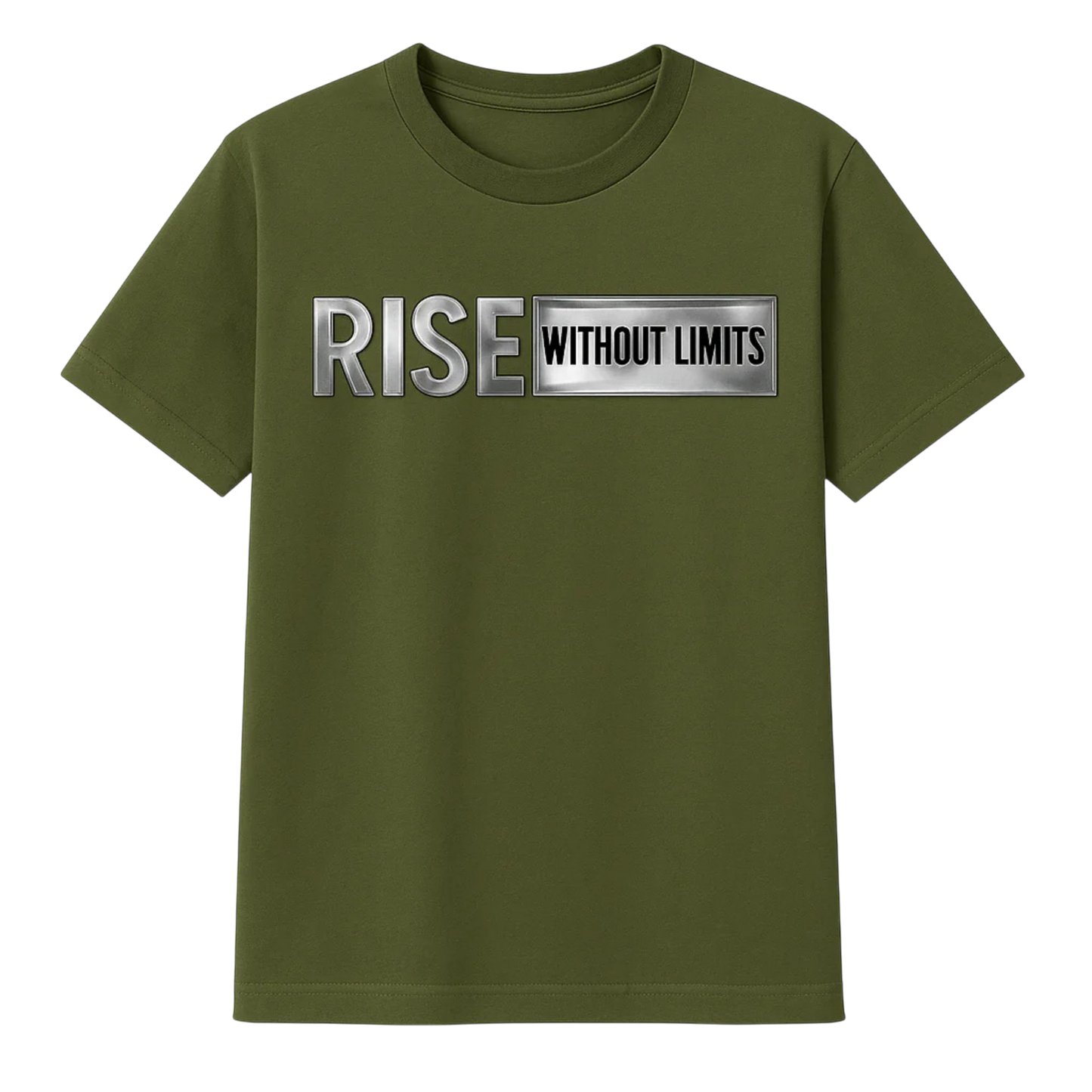 Army Green Steel Rise Tee featuring metallic silver Rise Without Limits typography across the front.