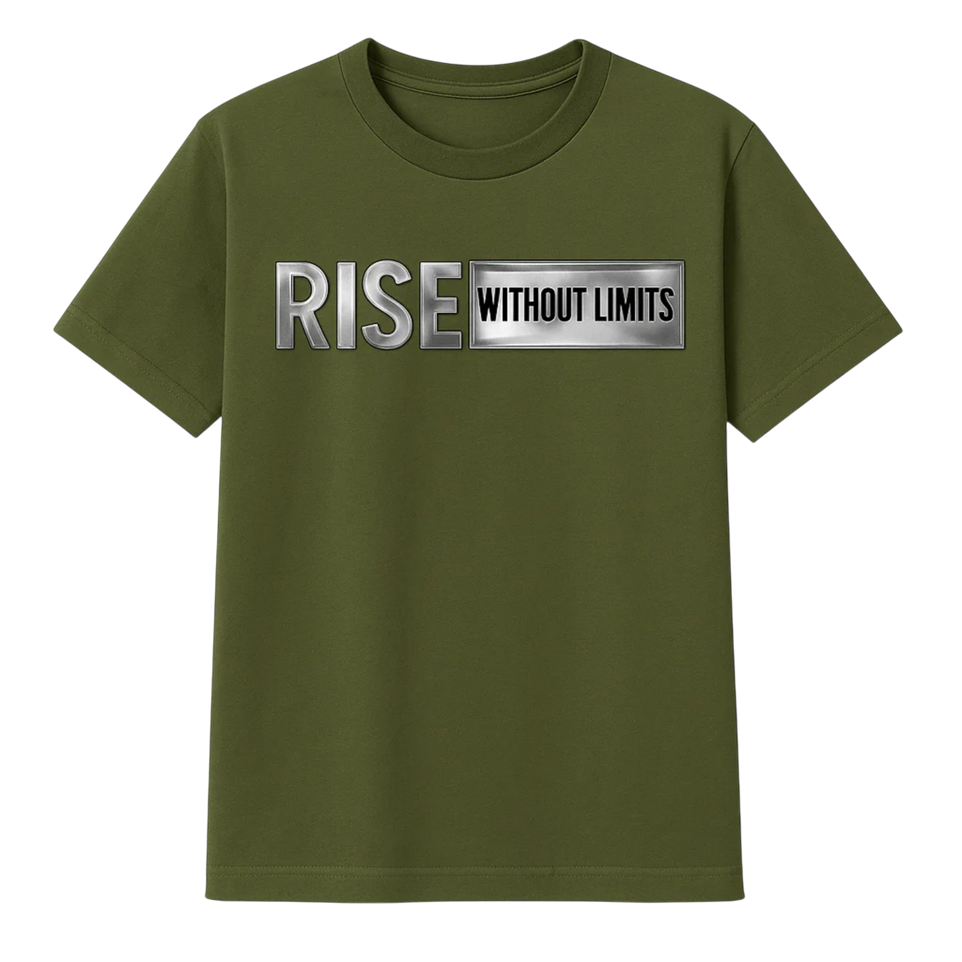 Army Green Steel Rise Tee featuring metallic silver Rise Without Limits typography across the front.
