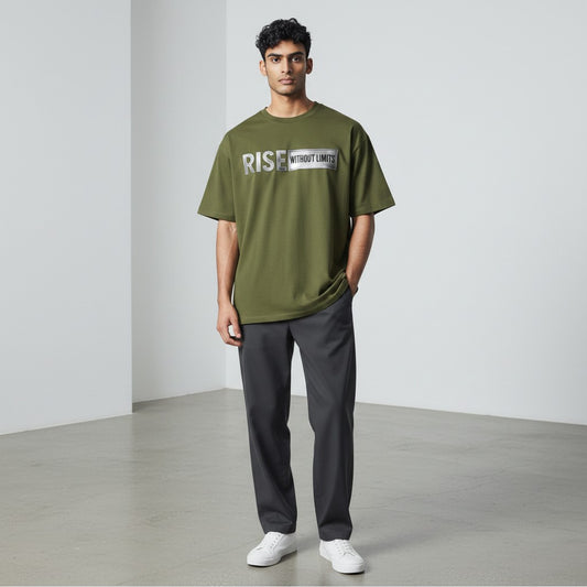 Army Green Steel Rise Tee featuring metallic silver Rise Without Limits typography across the front.