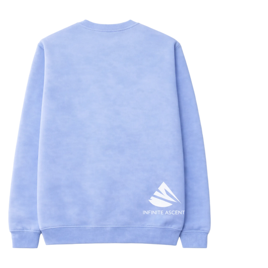 Light blue sweatshirt with 'Infinite Ascent' logo on the back against a white background