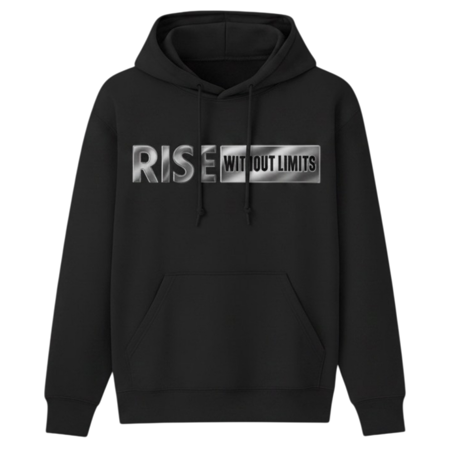 Black Steel Rise Hoodie featuring metallic silver Rise Without Limits typography across the front.