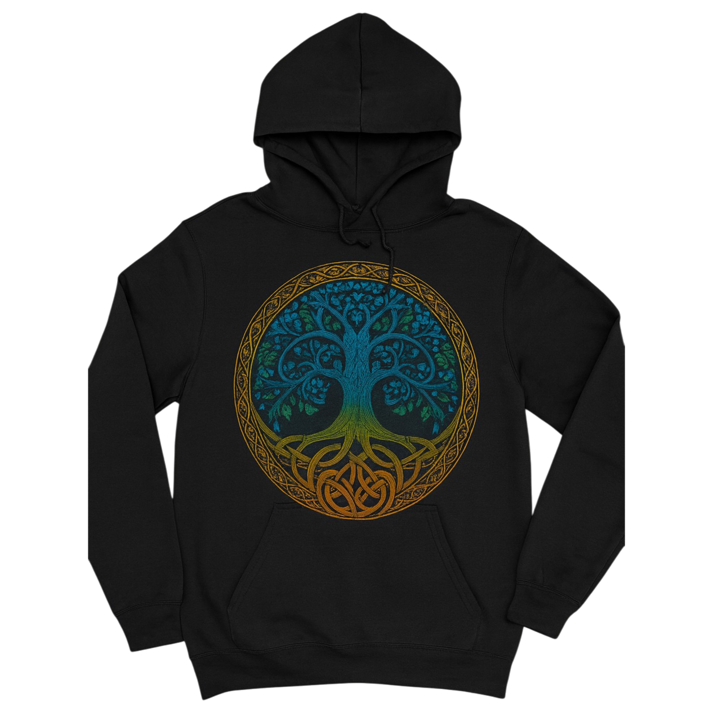 Black Tree of Life Hoodie featuring a large blue and gold Celtic-inspired Tree of Life graphic on the front.