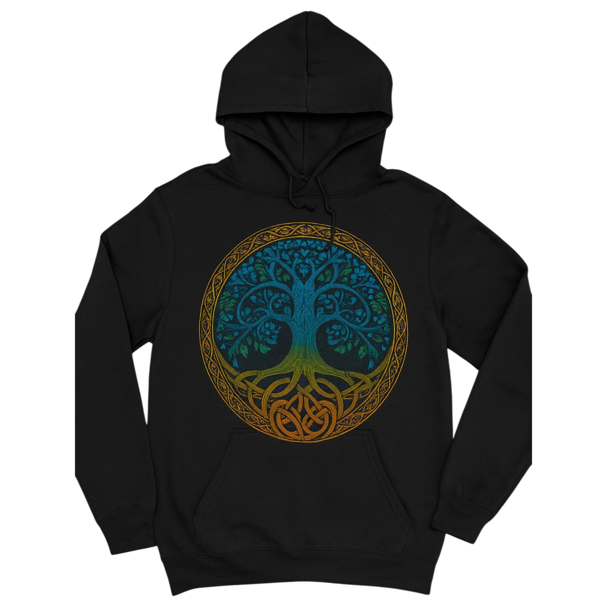 Black Tree of Life Hoodie featuring a large blue and gold Celtic-inspired Tree of Life graphic on the front.