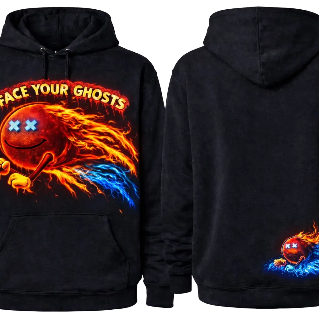 Black hoodie with fiery design and 'Face Your Ghosts' text on front, back view shown.