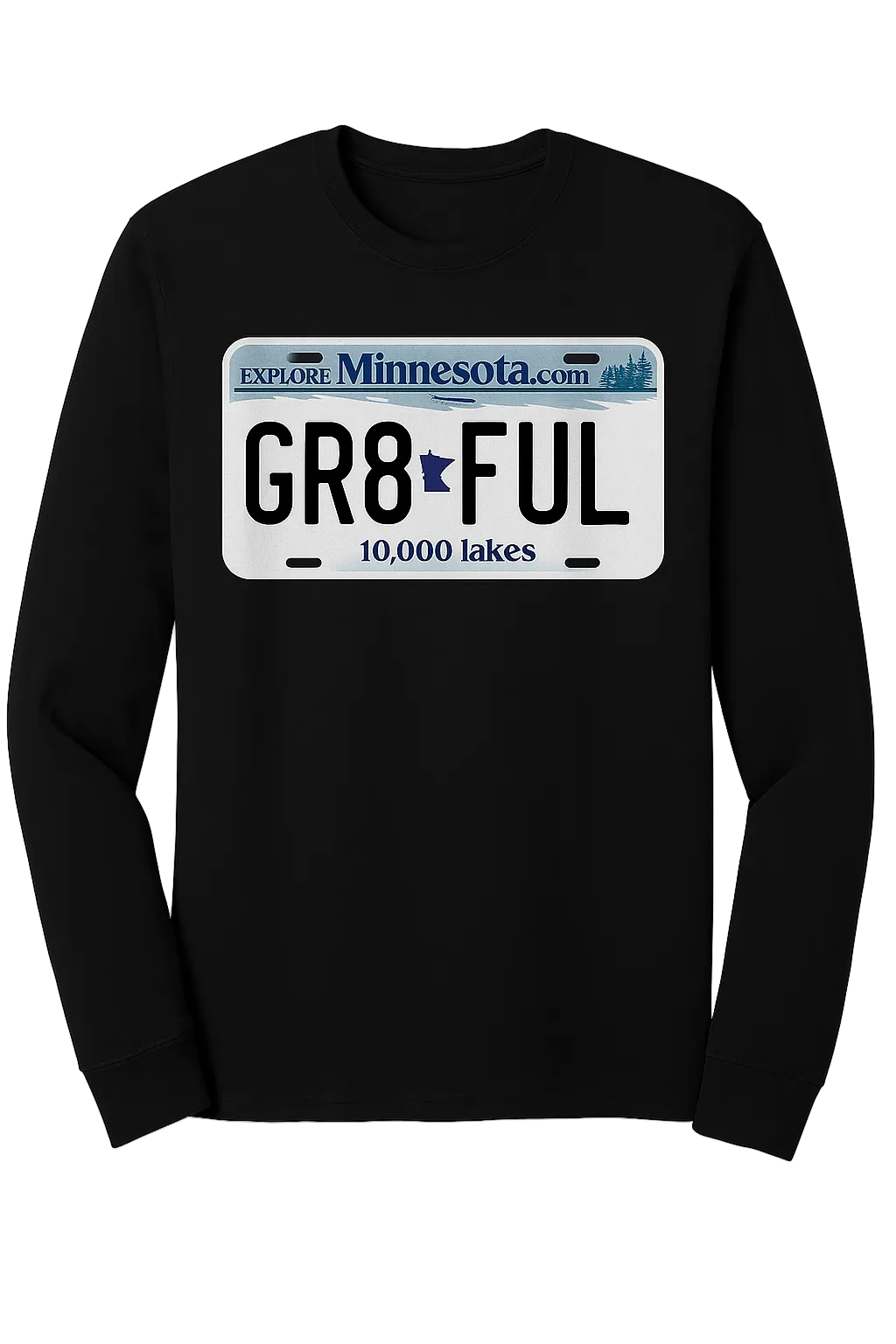 Black Minnesota Gr8ful Long Sleeve Tee featuring a vintage-inspired Minnesota license plate graphic with the word GR8FUL on the front.