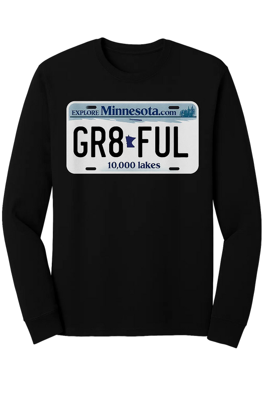 Black Minnesota Gr8ful Long Sleeve Tee featuring a vintage-inspired Minnesota license plate graphic with the word GR8FUL on the front.