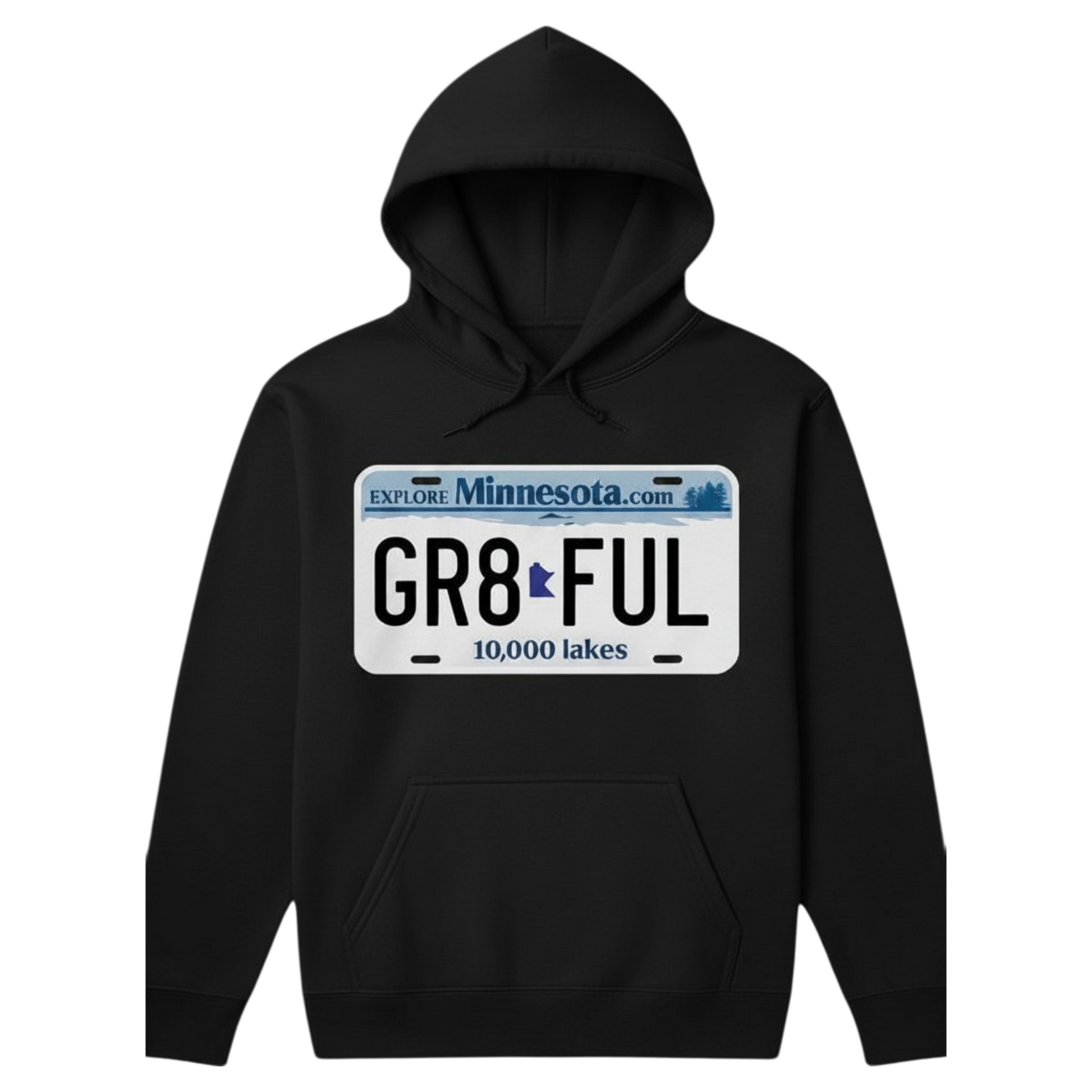 Black hoodie with a Minnesota license plate design on a white background