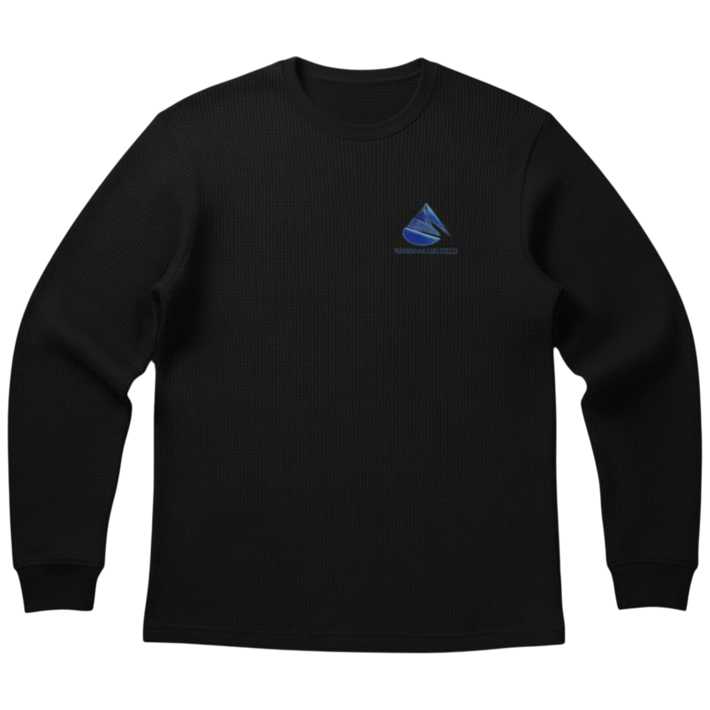 Black Northwind Long Sleeve thermal shirt featuring a minimalist icy blue Infinite Ascent chest logo and waffle-knit texture.
