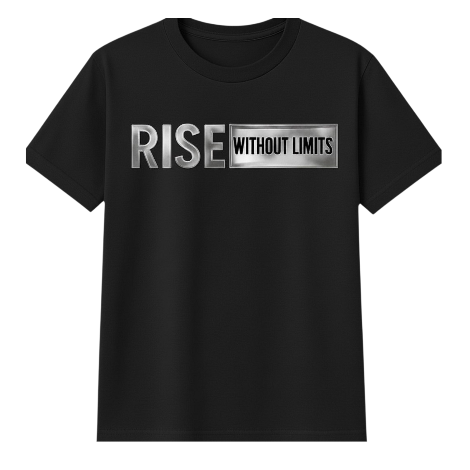 Black Steel Rise Tee featuring metallic silver Rise Without Limits typography across the front.