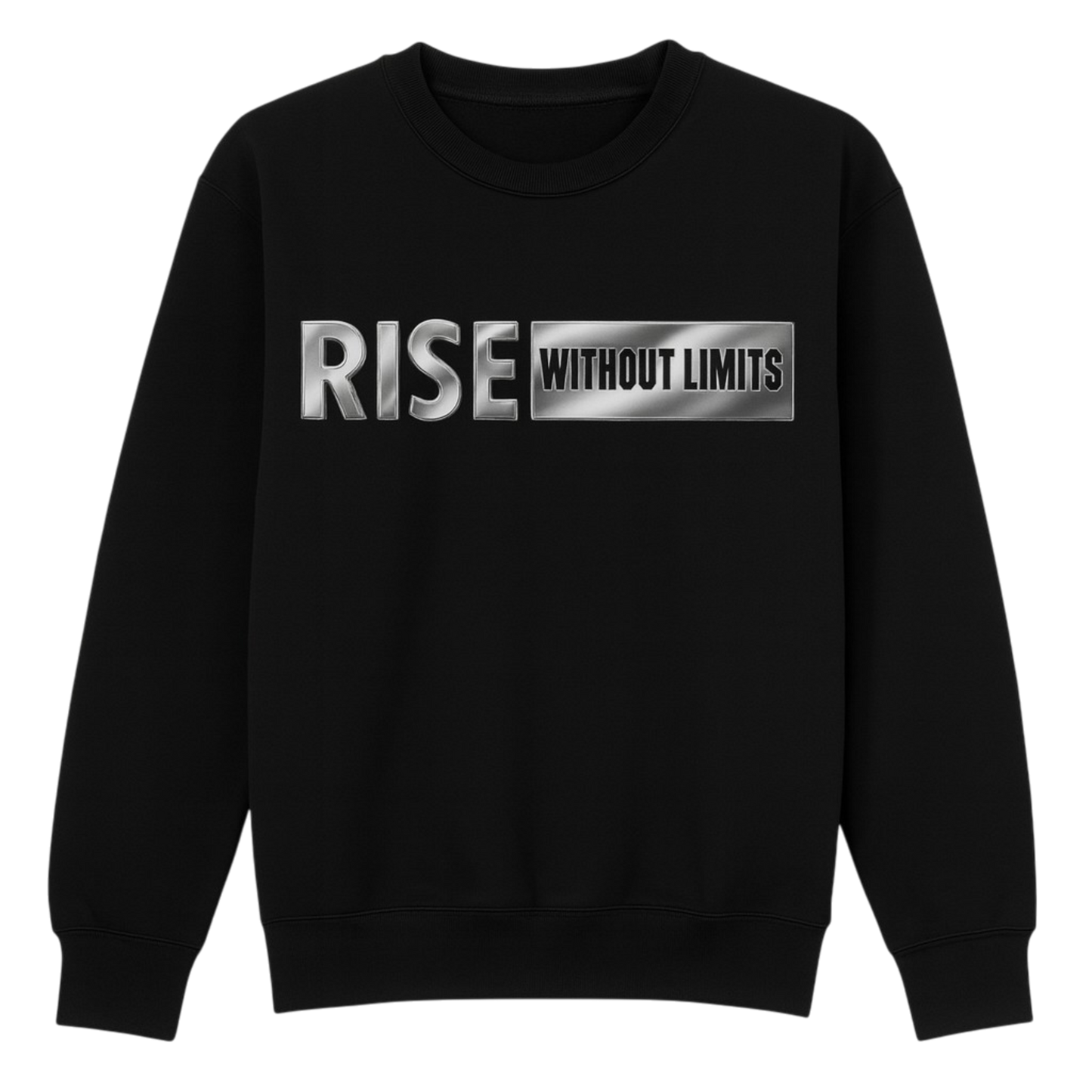 Black Steel Rise Crewneck featuring metallic silver Rise Without Limits typography across the front.