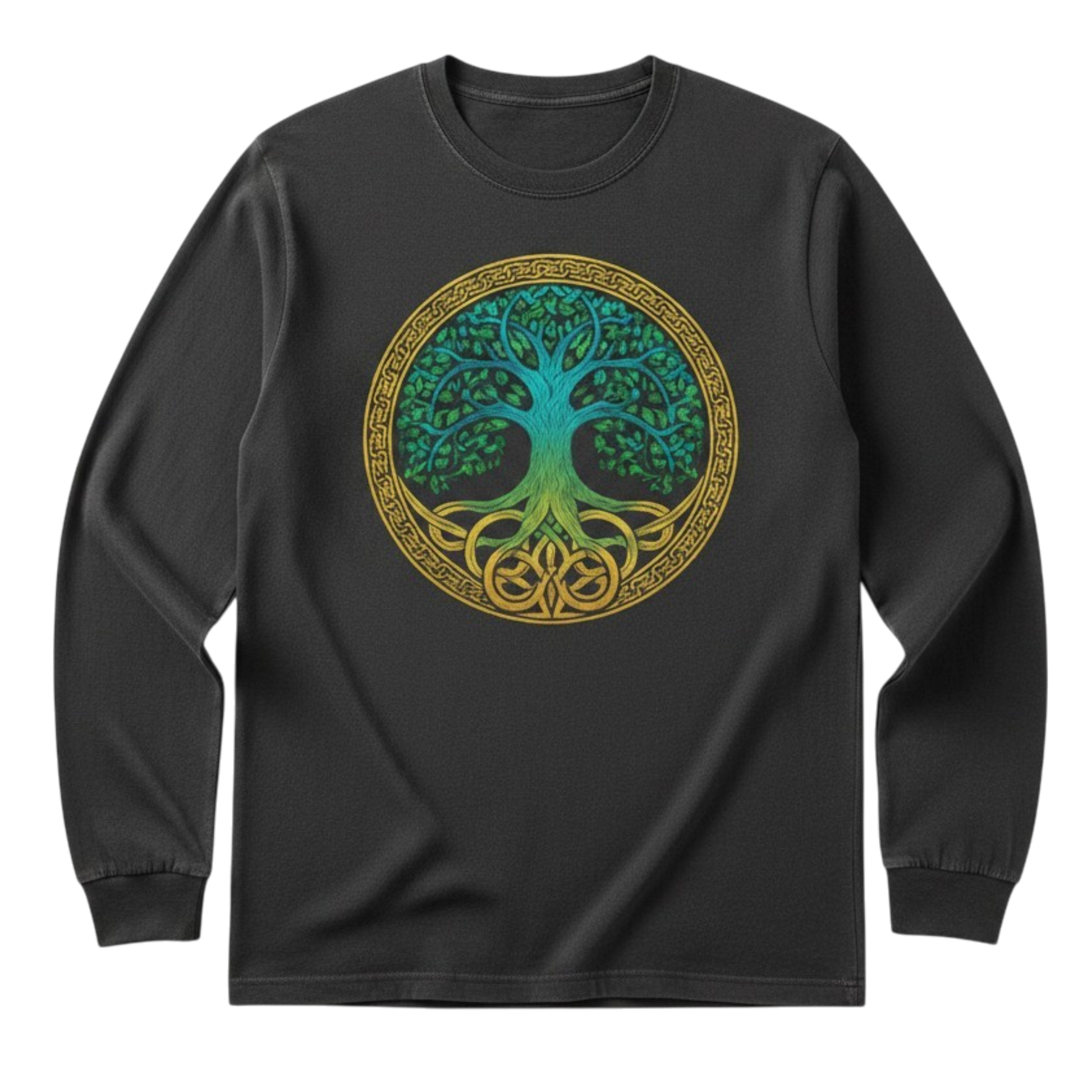 Black Tree of Life Long Sleeve Tee featuring a blue and gold Celtic-inspired Tree of Life graphic on the front.