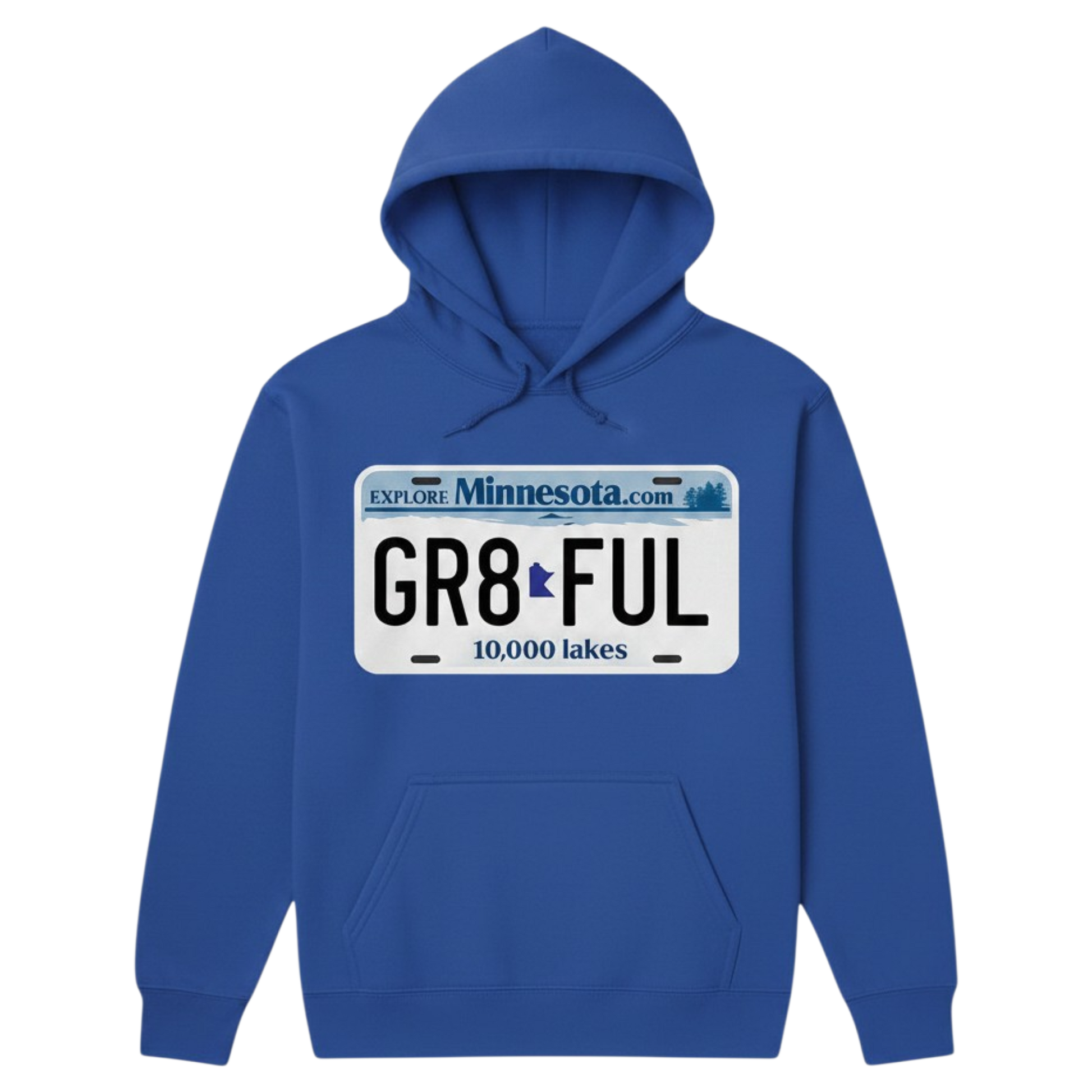 Blue hoodie with a Minnesota license plate design on a white background