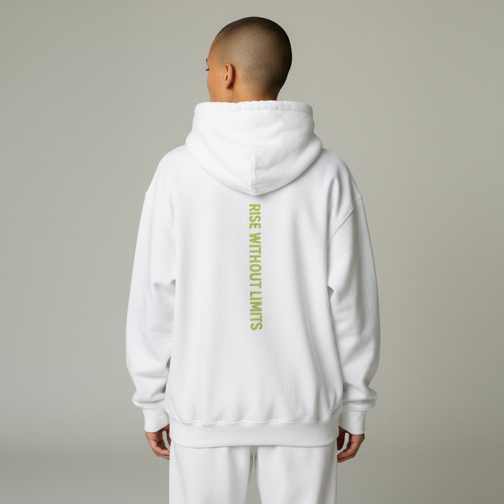 Person wearing a white hoodie with 'Rise Without Limits' text on the back against a plain background