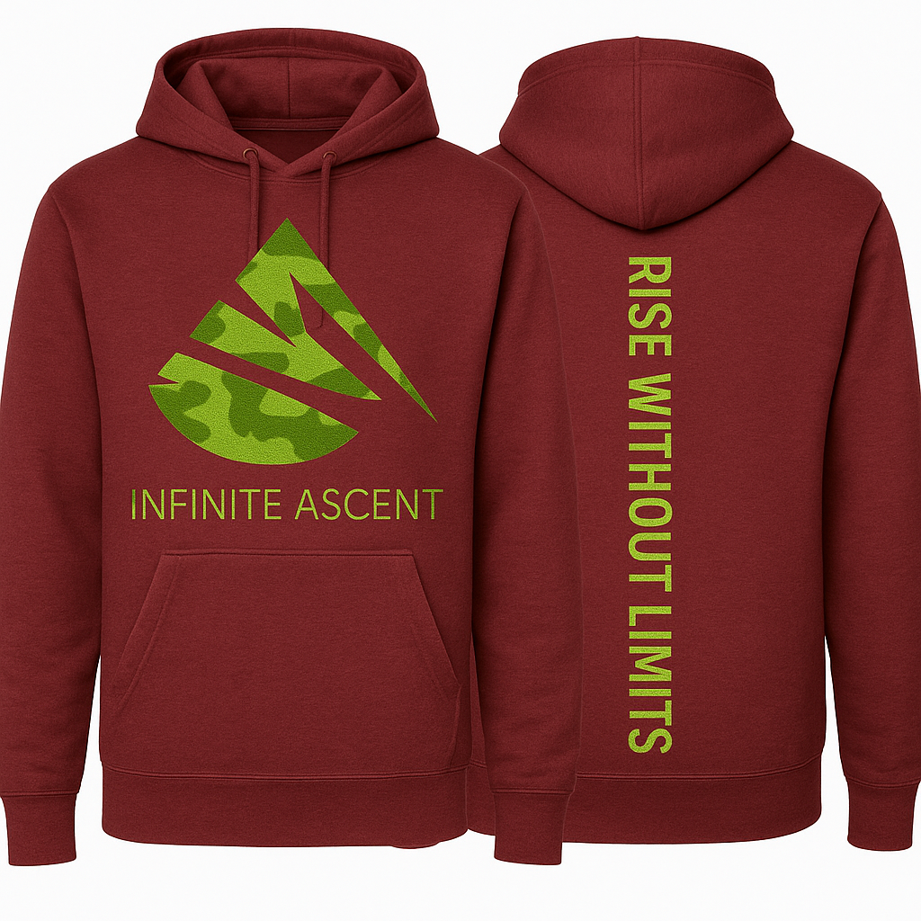 Maroon hoodie with green 'Infinite Ascent' logo on front and 'Rise Without Limits' text on back