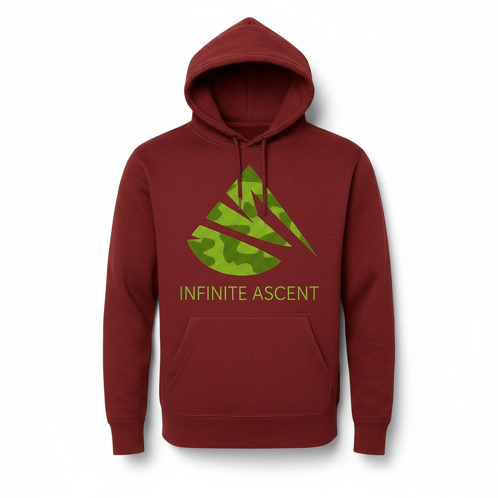 Burgundy Voltage Camo Hoodies by Infinite Ascent featuring bright green camo logo graphics and Rise Without Limits vertical back print.