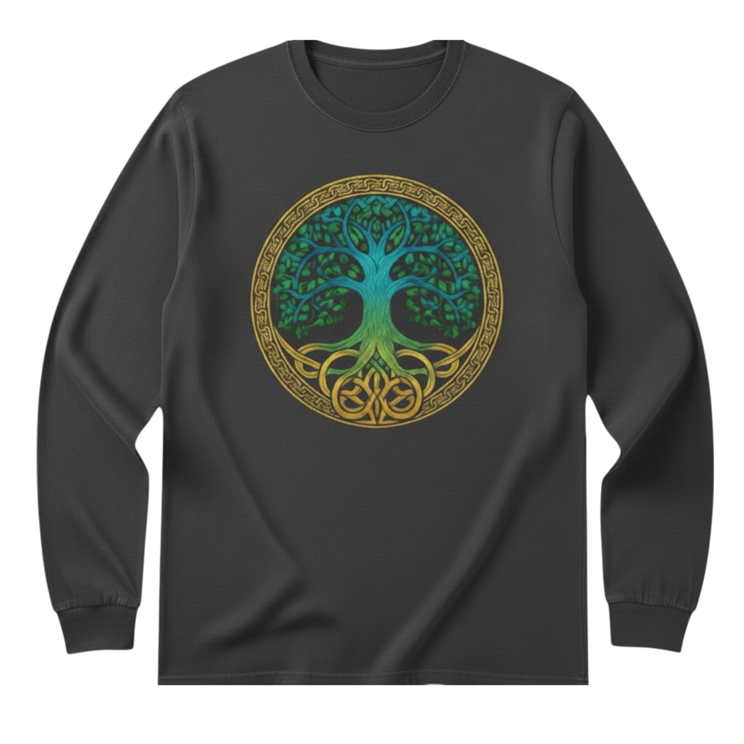 Gray Tree of Life Long Sleeve Tee featuring a blue and gold Celtic-inspired Tree of Life graphic on the front.