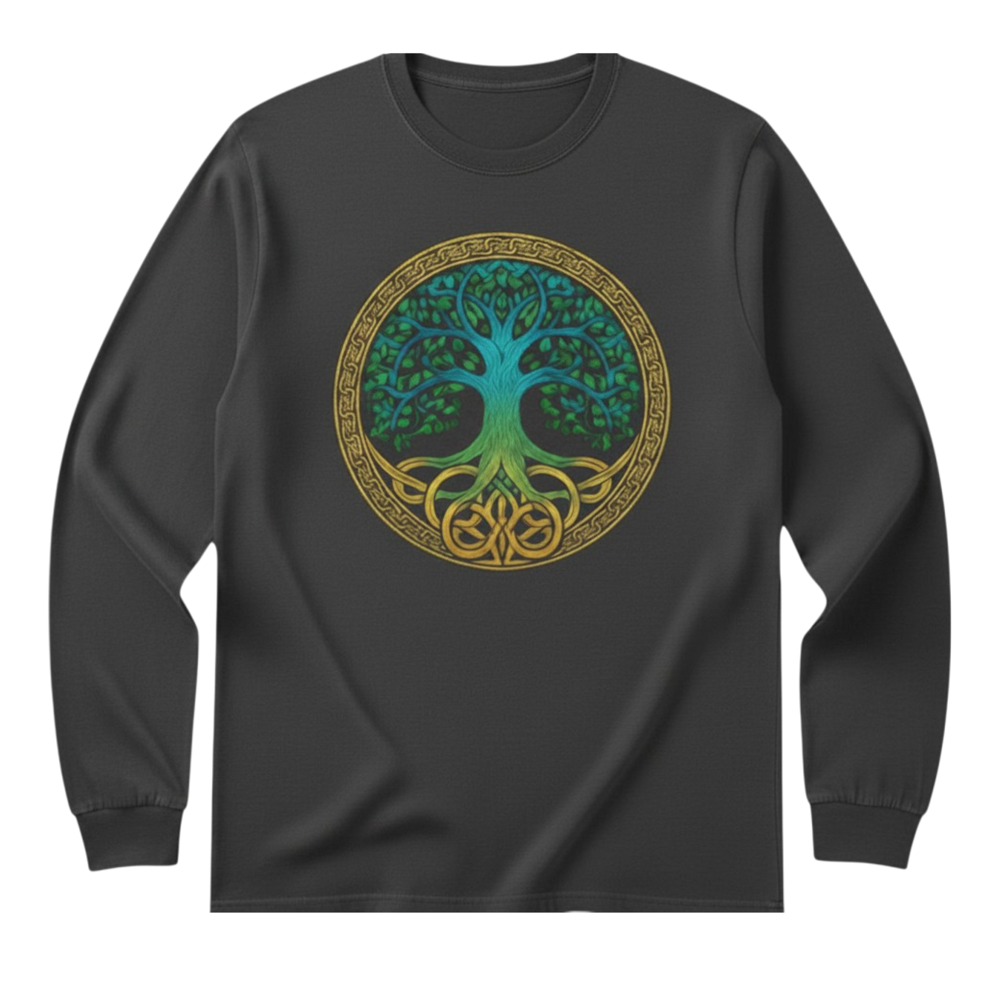 Gray Tree of Life Long Sleeve Tee featuring a blue and gold Celtic-inspired Tree of Life graphic on the front.