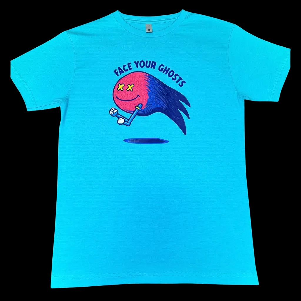 Face Your Ghosts Tee turquoise graphic t-shirt with ghost illustration