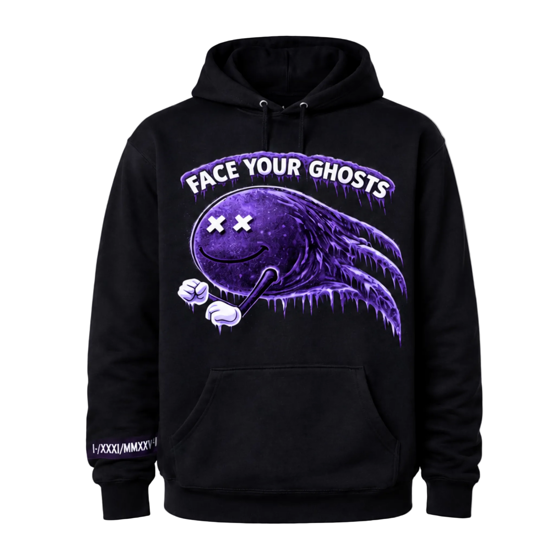 Black Face Your Ghosts Violet Phantom Edition hoodie featuring a large purple ghost graphic on the front