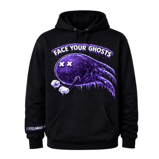 Black Face Your Ghosts Violet Phantom Edition hoodie featuring a large purple ghost graphic on the front