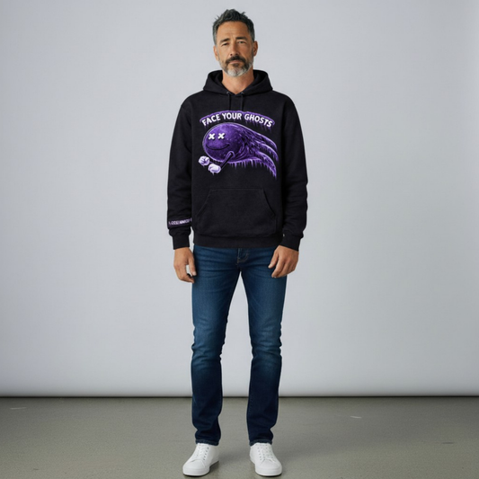 Black Face Your Ghosts Violet Phantom Edition hoodie featuring a large purple ghost graphic on the front