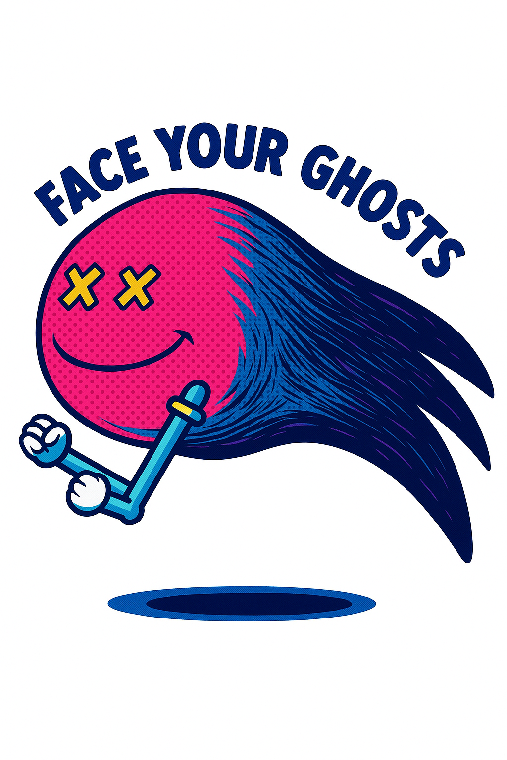 Illustration of a ghost with pink face and blue hair, smiling, with 'Face Your Ghosts' text above.