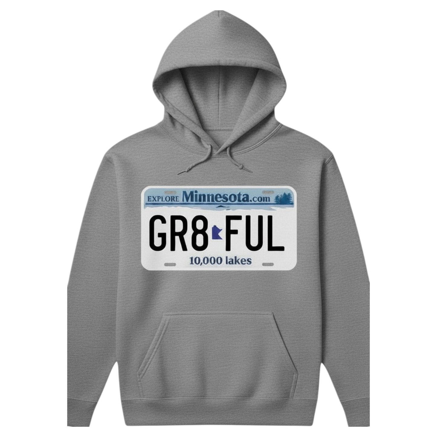 Gray hoodie with a Minnesota license plate design on a white background