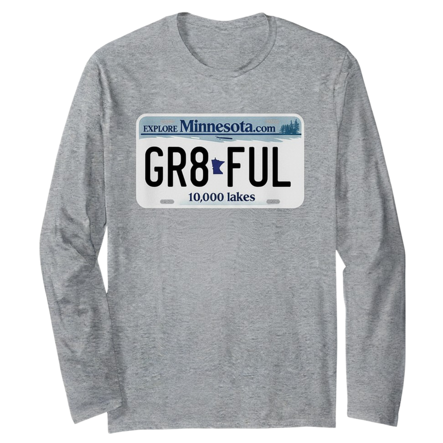 Gray Minnesota Gr8ful Long Sleeve Tee featuring a vintage-inspired Minnesota license plate graphic with the word GR8FUL on the front.