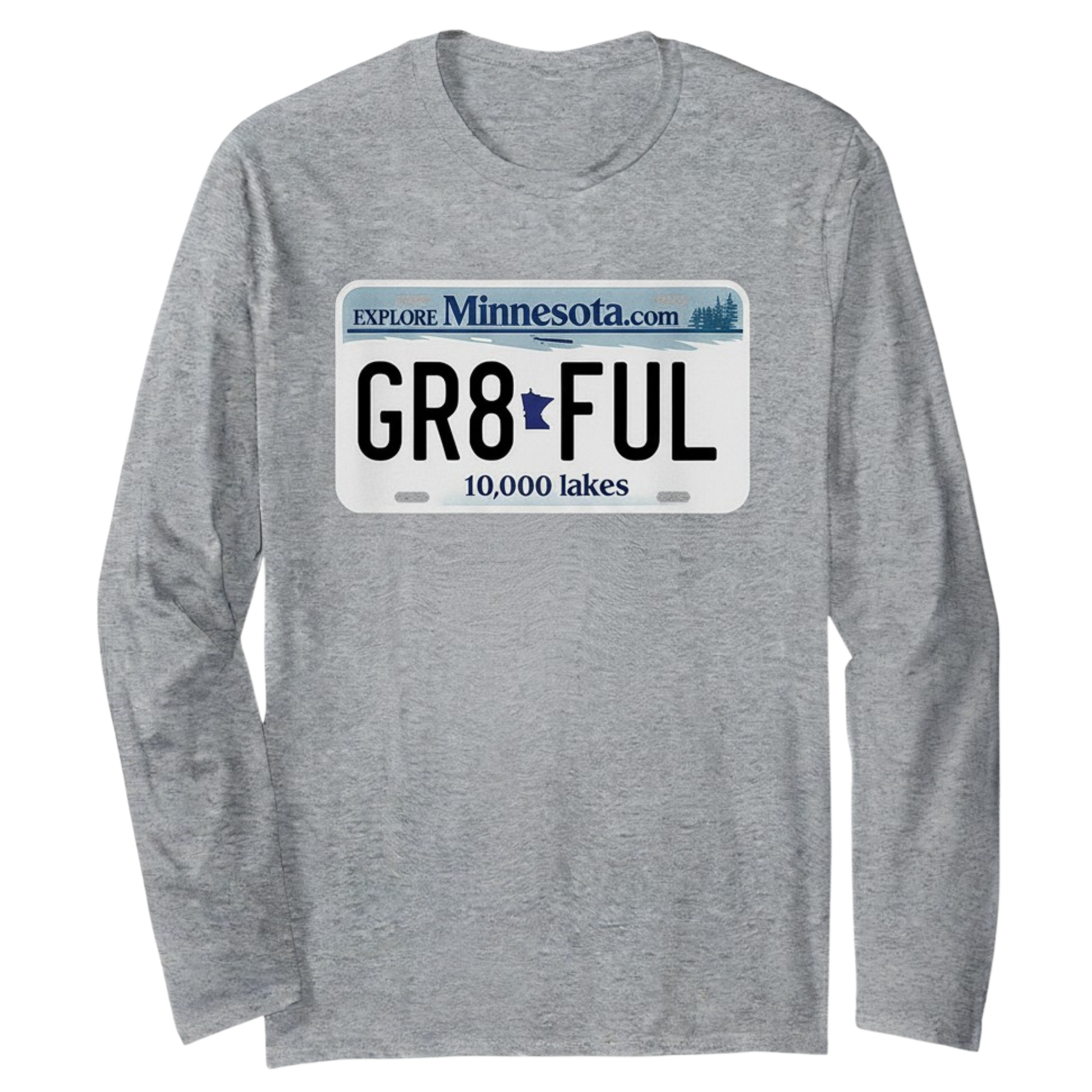 Gray Minnesota Gr8ful Long Sleeve Tee featuring a vintage-inspired Minnesota license plate graphic with the word GR8FUL on the front.