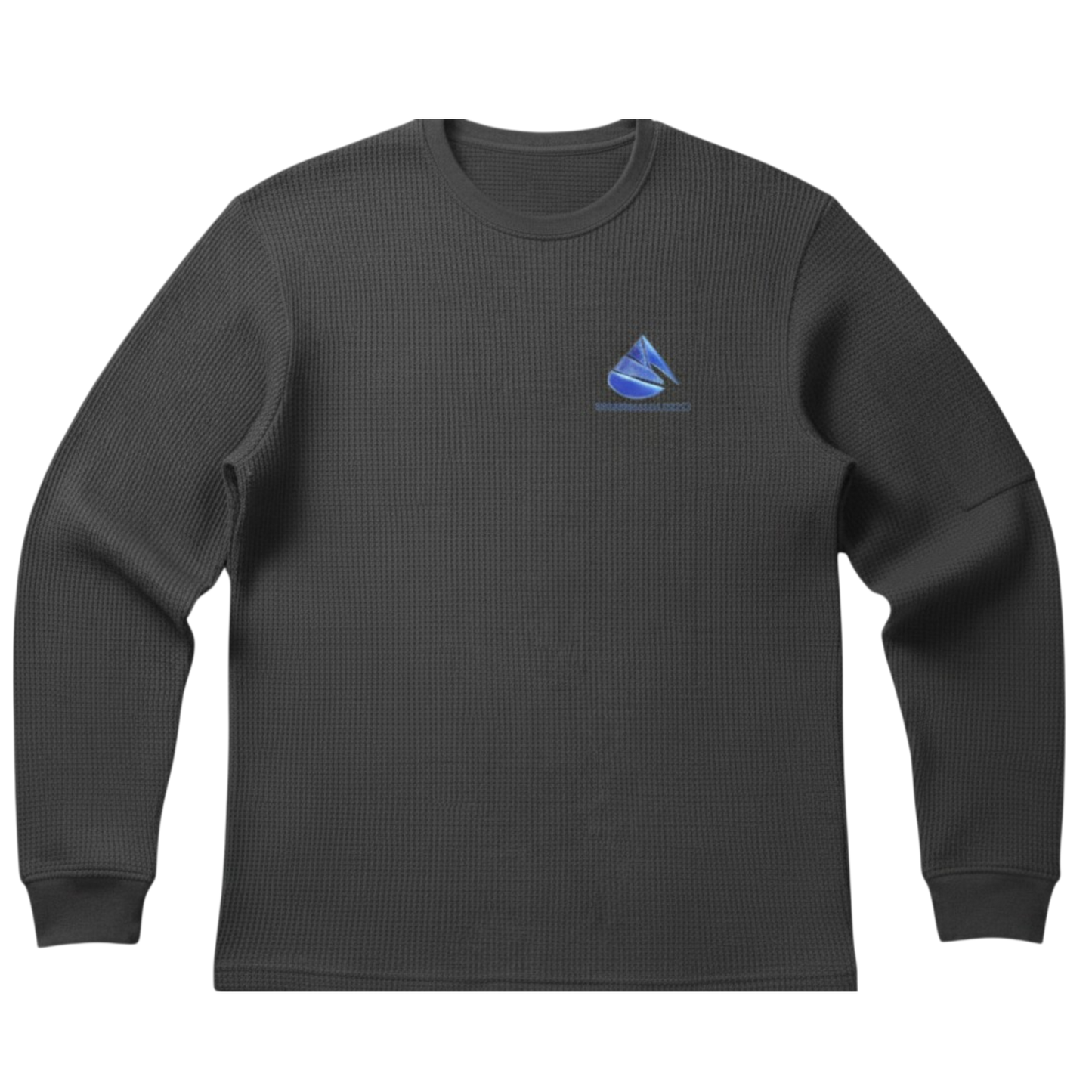 Gray Northwind Long Sleeve thermal shirt featuring a minimalist icy blue Infinite Ascent chest logo and waffle-knit texture.